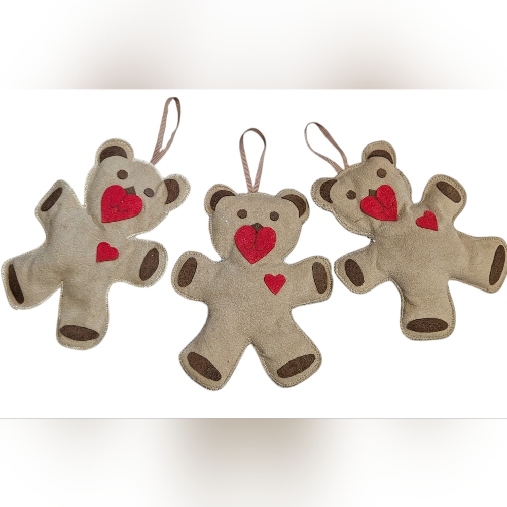 80s Vintage Set of‎ Suede Tan & Red Heart Teddy Bear Christmas Ornaments Signed